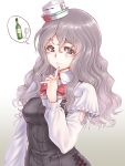  1girl blush breasts eyebrows_visible_through_hair finger_to_mouth grey_eyes grey_hair hat index_finger_raised kantai_collection kosai_takayuki large_breasts long_hair long_sleeves looking_at_viewer parted_lips pola_(kantai_collection) solo thought_bubble white_hat 