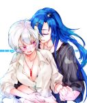  2girls blue_hair blush breasts cleavage couple highres hug hug_from_behind kazanari_tsubasa milk_puppy multiple_girls senki_zesshou_symphogear white_hair yukine_chris yuri 