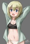  1girl arms_behind_head artist_name bangs black_bra blonde_hair blue_eyes bra breasts cleavage commentary_request erica_hartmann eyebrows_visible_through_hair haruhata_mutsuki looking_at_viewer medium_breasts navel no_pants open_clothes open_mouth open_shirt panties shirt short_hair signature smile solo standing strike_witches twitter_username underwear upper_body white_panties white_shirt world_witches_series 