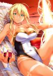  1girl ahoge armpits artist_name artoria_pendragon_(all) artoria_pendragon_(lancer) bangs beach beach_chair blonde_hair braid breasts cleavage clouds collarbone covered_navel cup cupping_glass drinking_glass fate/grand_order fate_(series) fingernails french_braid gold_trim green_eyes hair_between_eyes holding_glass knee_up large_breasts lips looking_at_viewer nail_polish one-piece_swimsuit purple_nails sakiyamama sitting sky smile solo strapless strapless_swimsuit sunset swimsuit tan tanline two-tone_swimsuit wine_glass 