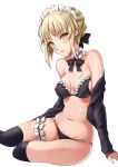 1girl artoria_pendragon_(all) artoria_pendragon_(swimsuit_rider_alter)_(fate) bangs bikini black_bikini black_bow black_legwear blonde_hair blush bow braid breasts closed_mouth eyebrows_visible_through_hair fate/grand_order fate_(series) hair_bow leg_garter lips looking_at_viewer maid_bikini maid_headdress medium_breasts navel open_clothes over-kneehighs saber_alter sidelocks simple_background sitting solo swimsuit thigh-highs thighs tonyxx50 white_background yellow_eyes yokozuwari