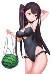 1girl arm_up armpits bangs black_hair black_swimsuit blush breasts btraphen cleavage closed_mouth contrapposto covered_navel cowboy_shot eyebrows_visible_through_hair food fruit girls_frontline hair_ribbon hand_up highres hips large_breasts long_hair looking_to_the_side one-piece_swimsuit one_side_up purple_ribbon ribbon simple_background solo swimsuit thighs tsurime very_long_hair violet_eyes wa2000_(girls_frontline) watermelon white_background 