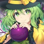  1girl bangs black_hat blush bow bright_pupils caramell0501 closed_mouth colored_eyelashes commentary_request frilled_shirt_collar frilled_sleeves frills gradient gradient_background green_eyes green_hair grey_background hair_between_eyes hat hat_bow komeiji_koishi long_hair long_sleeves looking_at_viewer smile solo sparkle tareme third_eye touhou upper_body wide_sleeves yellow_bow 