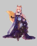  1girl alternate_costume alternate_hairstyle animal_ears black_gloves black_legwear breasts cardigan cleavage collarbone elbow_gloves fate/extra fate/grand_order fate_(series) flower fox_ears fox_tail full_body gloves grey_background hair_flower hair_ornament highres large_breasts long_hair pink_hair shaenya_1024 simple_background solo tail tamamo_(fate)_(all) tamamo_no_mae_(fate) translation_request very_long_hair 
