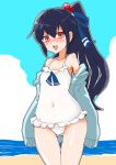  1girl alternate_hairstyle ashitaba_tomorou beach black_hair blue_jacket blue_sky blush casual_one-piece_swimsuit clouds gluteal_fold hair_ribbon hatsushimo_(kantai_collection) jacket kantai_collection long_hair one-piece_swimsuit open_mouth ponytail red_eyes ribbon sand sky smile solo standing swimsuit water white_swimsuit 