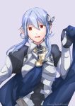  1girl blue_skirt butterfly_hair_ornament cape elbow_gloves feesh female_my_unit_(fire_emblem_if) fire_emblem fire_emblem_if flower gloves grey_background hair_ornament long_hair looking_at_viewer my_unit_(fire_emblem_if) pointy_ears red_eyes simple_background skirt smile solo 