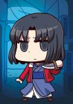  1girl black_eyes black_hair chibi fate/grand_order fate_(series) holding japanese_clothes knife official_art riyo_(lyomsnpmp) ryougi_shiki short_hair solo star 