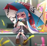  1girl :3 absurdres bangs bike_shorts blue_hair blunt_bangs bow bowtie cardigan domino_mask drinking drinking_cup drinking_straw full_body highres long_hair mask paint pink_eyes pleated_skirt pointy_ears puchiman school_uniform shoes sitting skirt smile socks solo splatoon splatoon_2 tentacle_hair umbrella wavy_mouth 