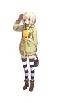  1girl blonde_hair blue_eyes brown_gloves brown_shoes eyebrows_visible_through_hair formation_girls full_body gloves helmet highres holding holding_helmet itou_ryuusei marianne_carley salute shoes short_hair solo striped striped_legwear thigh-highs transparent_background yellow_vest 