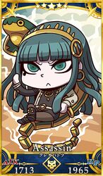  1girl :&lt; bangs blunt_bangs chibi cleopatra_(fate/grand_order) earrings fate/grand_order fate_(series) green_eyes green_hair highres hoop_earrings jewelry legs_crossed long_hair official_art riyo_(lyomsnpmp) sitting sitting_on_animal snake star very_long_hair 