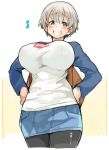  1girl blue_eyes blue_hair blush breasts eyebrows eyebrows_visible_through_hair eyelashes female hands_on_hips huge_breasts looking_at_viewer notes sachito shirt short_hair shorts silver_hair smile solo standing teeth uzaki-chan_wa_asobitai! uzaki_hana 