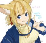  1girl animal_ears bangs blonde_hair blue_eyes blue_jacket breasts closed_mouth dated earrings english fox_ears fox_shadow_puppet happy_birthday jacket jewelry large_breasts looking_at_viewer multicolored_hair open_clothes open_jacket sako_(user_ndpz5754) short_hair signature sleeves_rolled_up smile solo streaked_hair sweater turtleneck turtleneck_sweater yellow_sweater 