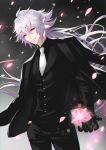  1boy ahoge bangs black_background black_gloves black_jacket black_pants black_shirt buttons closed_mouth collared_shirt fate/grand_order fate/stay_night fate_(series) formal gloves gradient gradient_background gradient_hair grey_background grey_hair hair_between_eyes hair_ornament hand_in_pocket highres jacket jacket_on_shoulders lavender_hair light_particles light_smile long_hair long_sleeves looking_at_viewer male_focus merlin_(fate/stay_night) multicolored_hair necktie pants petals pink_flower shirt silver_hair simple_background smile solo standing suit terai_(teraimorimori) violet_eyes white_background white_hair white_necktie wind 