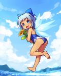  ass bare_back bare_shoulders barefoot blush bow cirno clouds cloudy_sky dark_skin dated fang flower from_behind hair_bow highres holding langbazi looking_at_viewer one-piece_swimsuit open_mouth signature sky smile sunflower swimsuit tan tanned_cirno touhou water wings 