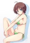  1girl ahoge aqua_eyes bangs barefoot bikini blush breasts brown_hair closed_mouth commentary_request eyebrows_visible_through_hair green_bikini hands_on_own_leg knee_up large_breasts looking_at_viewer mel_(melty_pot) navel new_game! shadow shinoda_hajime short_hair side-tie_bikini sitting solo stomach swimsuit white_background 