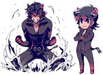  1boy angry animal_ears black_hair bodysuit chibi clenched_hands clenched_teeth cosplay crossed_arms gradient_hair hippopotamus_(kemono_friends) hippopotamus_(kemono_friends)_(cosplay) hippopotamus_ears hippopotamus_tail hyakujuu-ou_golion keith_(voltron) kemono_friends male_focus multicolored_hair no_pupils pectorals smile splashing squatting teeth unko_yoshida violet_eyes voltron:_legendary_defender yellow_sclera 
