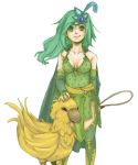  1girl animal aqua_hair arm_behind_back bare_shoulders bird breasts bridal_gauntlets cape chocobo cleavage closed_mouth collarbone commentary_request dress earrings eyebrows_visible_through_hair feathers final_fantasy final_fantasy_iv gloves green_cape green_dress green_eyes green_gloves green_legwear hair_ornament jewelry long_hair looking_at_viewer older petting rydia simple_background sleeveless sleeveless_dress small_breasts smile spoilers standing star star_earrings thigh-highs whip white_background yorkie 