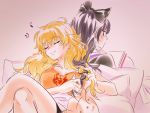  2girls black_hair blake_belladonna blonde_hair book commentary_request multiple_girls pillow playing_with_another&#039;s_hair playing_with_own_hair rwby rwby_fanartnest tied_hair yang_xiao_long 