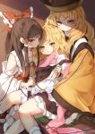  3girls apron bare_shoulders blonde_hair blouse blush bow breasts brown_hair commentary detached_sleeves hair_bow hair_tubes hakurei_reimu hand_holding hidden_star_in_four_seasons japanese_clothes kimono kirisame_marisa large_bow lifted_by_another looking_at_viewer matara_okina medium_breasts multiple_girls no_hat no_headwear pink_scarf piyokichi red_eyes scarf shaded_face shirt_lift sideboob skirt skirt_set slit_pupils straight_hair touhou vest waist_apron wavy_hair yellow_eyes yuri 