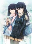  2girls :d ^_^ aqua_eyes bag black_legwear blue_hair can closed_eyes coat duffel_coat hands_in_pockets happy holding holding_can long_hair multiple_girls open_mouth pantyhose plaid plaid_skirt pleated_skirt railing school_bag side-by-side skirt smile snowing weee_(raemz) 