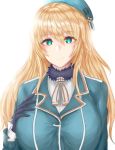  1girl atago_(kantai_collection) bangs beret black_gloves blonde_hair blush breasts gloves green_eyes hat highres kantai_collection kuuki_(rakam) large_breasts long_hair looking_at_viewer military military_uniform smile solo uniform upper_body 