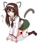  1girl all_fours animal_ears bangs black_hair black_legwear black_neckerchief blouse brown_eyes cat_ears cat_tail chawan_(yultutari) commentary_request drawing full_body girls_und_panzer green_skirt highres long_hair long_sleeves looking_at_viewer miniskirt neckerchief no_shoes ooarai_school_uniform open_mouth pleated_skirt reizei_mako school_uniform serafuku shadow simple_background skirt socks solo tail translated white_background white_blouse 