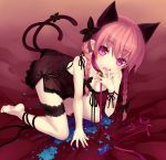  1girl animal_ears barefoot bell bent_over bow braid breasts cat_ears cat_tail choker collar earrings feet hair_bow highres inconvenient_tail jewelry jingle_bell kaenbyou_rin leash leg_garter leg_ribbon lingerie medium_breasts minamura_haruki multiple_tails nail_polish nekomata petals pink_eyes pink_hair pointy_ears ribbon solo strap_slip tail tail_ribbon toenail_polish tongue tongue_out touhou twin_braids underwear 