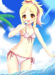  1girl :d absurdres bangs bare_arms bare_shoulders bikini blonde_hair blue_sky blush bow breasts brown_eyes clouds collarbone commentary_request cowboy_shot day drill_hair eromanga_sensei eyebrows_visible_through_hair front-tie_bikini front-tie_top hair_bow hand_to_own_mouth hand_up high_ponytail highres lens_flare long_hair looking_at_viewer navel ocean open_mouth outdoors outstretched_arm palm_tree pink_bow red_bow side-tie_bikini sidelocks sky small_breasts smile solo striped striped_bikini swimsuit tree twin_drills wading water wet xiaosamiao yamada_elf 