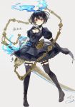  &gt;:| 1girl alice_(sinoalice) belt black_dress black_gloves black_hair black_legwear black_shoes breasts character_name choker closed_mouth dated dress elbow_gloves eyebrows_visible_through_hair frilled_dress frills gloves grey_background hairband halterneck highres huge_weapon looking_at_viewer magic medium_breasts red_eyes sako_(user_ndpz5754) shoes short_hair signature simple_background sinoalice solo standing thigh-highs weapon 