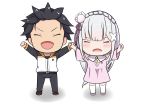  1boy 1girl :d absurdres black_hair chibi clenched_hand emilia_(re:zero) flower hair_flower hair_ornament hand_holding highres natsuki_subaru no_nose open_mouth re:zero_kara_hajimeru_isekai_seikatsu silver_hair simple_background smile white_background yukiyaii 