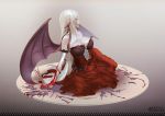  1girl 3d bare_shoulders bat_wings black_legwear blonde_hair blood bloody_clothes bloody_tears breasts dress elbow_gloves full_body gloves hair_ribbon high_heels highres kiss-shot_acerola-orion_heart-under-blade kizumonogatari large_breasts leslyzerosix lips long_hair monogatari_(series) parted_lips pointy_ears red_dress ribbon shoes single_shoe solo strapless thigh-highs torn_clothes torn_thighhighs vampire very_long_hair white_gloves white_shoes wings yellow_eyes 