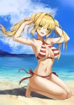  1girl armpits beach bikini blue_sky breasts clouds day earrings fate/grand_order fate_(series) fingernails green_eyes highres horizon jewelry kneeling long_hair looking_at_viewer medium_breasts nail_polish navel nero_claudius_(swimsuit_caster)_(fate) ocean open_mouth outdoors red_nails saber_extra sand side-tie_bikini sky smile solo striped striped_bikini swimsuit twintails wumumu 
