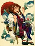  1girl :d boku_no_hero_academia bow brown_eyes brown_hair cake chair cup feeding fish floral_print food full_body hair_ornament japanese_clothes kimono long_sleeves nekodou_(yukatin1000) open_mouth short_hair sitting slippers smile solo tea teacup teapot teeth umbrella uraraka_ochako wide_sleeves 