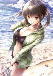  1girl absurdres bikini black_bikini blush breasts brown_eyes brown_hair cleavage closed_mouth collarbone frilled_bikini frills grey_hair hand_up highres hood hoodie kantai_collection large_breasts navel ocean open_clothes open_hoodie scan smile solo suien swimsuit twintails zuikaku_(kantai_collection) 