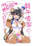  1girl 2016 ahoge bangs bell black_hair black_legwear blush breasts brown_eyes cellphone cleavage cleavage_cutout dot_nose fur_trim hair_between_eyes happy_new_year hat holding holding_phone l8poushou large_breasts long_hair looking_at_viewer monkey_ears monkey_girl monkey_tail new_year open_mouth orange_panties panties paws phone seiza sitting skindentation smartphone solo tail thigh-highs top_hat underwear very_long_hair w white_background white_hat 