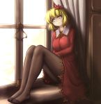  1girl aki_shizuha blonde_hair breasts brown_legwear commentary curtains day depressed hair_ornament hater_(hatater) highres indoors leaf leaf_hair_ornament leaf_on_head legs long_sleeves maple_leaf medium_breasts no_shoes pantyhose red_shirt red_skirt shirt short_hair sitting skirt skirt_set solo touhou window windowsill yellow_eyes 