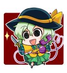  1girl :d black_eyes black_hat black_shoes chibi commentary_request eyebrows_visible_through_hair frilled_shirt_collar frilled_sleeves frills full_body green_hair green_skirt hair_between_eyes hat hat_ribbon heart heart_of_string holding holding_knife holding_phone knife komeiji_koishi looking_at_viewer noai_nioshi open_mouth outline phone red_background ribbon shirt shoes short_hair simple_background skirt smile solo sparkle string touhou white_border white_outline wing_collar yellow_ribbon yellow_shirt 