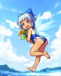  ass bare_back bare_shoulders barefoot blush bow cirno clouds cloudy_sky dark_skin dated fang flower from_behind hair_bow highres holding langbazi looking_at_viewer one-piece_swimsuit open_mouth signature sky smile sunflower swimsuit tan tanline tanned_cirno touhou water wings 