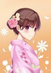  1girl blush floral_print flower gradient gradient_background hair_flower hair_ornament highres japanese_clothes kimono orange_background rose short_hair smile solo violet_eyes yukiyaii 