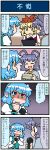  3girls 4koma ^_^ animal_ears artist_self-insert blonde_hair blue_eyes blue_hair closed_eyes comic commentary commentary_request gradient gradient_background grey_hair heterochromia highres microphone mizuki_hitoshi mouse_ears multiple_girls nazrin neck_grab open_mouth real_life_insert red_eyes shaded_face smile sweat sweating_profusely tatara_kogasa toramaru_shou touhou yellow_eyes 