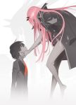  1boy 1girl absurdres barefoot black_hair code:002 code:016 darling_in_the_franxx different_shadow floating hands_on_another&#039;s_face highres horns jacket_on_shoulders key_visual light_smile long_hair looking_at_another official_art pink_hair short_hair spot_color tanaka_masayoshi 