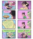  +_+ 2girls 4koma angry aori_(splatoon) april_fools arms_behind_back black_dress black_hair black_jumpsuit blush burst_bomb_(splatoon) character_name comic commentary cousins crying crying_with_eyes_open detached_collar domino_mask dress earrings english faceless faceless_female fangs food food_on_head fume green_legwear grey_hair grimace grin holding holding_weapon hotaru_(splatoon) jewelry leaning_forward long_hair looking_at_another looking_at_viewer looking_back mask mole mole_under_eye multiple_girls note object_on_head peeking_out pointy_ears purple_legwear short_dress short_hair short_jumpsuit sitting smile splatoon splattershot_jr_(splatoon) standing strapless strapless_dress sushi table tears tentacle_hair trembling weapon wong_ying_chee 