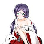  1girl aqua_eyes blood breasts bruise cleavage collarbone eyebrows_visible_through_hair hair_ribbon hakama injury japanese_clothes kimono large_breasts long_hair looking_at_viewer love_live! off_shoulder open_mouth purple_hair red_hakama ribbon roaru_(gyuren) simple_background solo toujou_nozomi twintails very_long_hair white_background white_kimono white_ribbon 