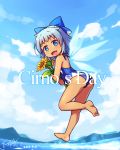  ass bare_back bare_shoulders barefoot blush bow character_name cirno clouds cloudy_sky dark_skin dated fang flower from_behind hair_bow highres holding langbazi looking_at_viewer one-piece_swimsuit open_mouth signature sky smile sunflower swimsuit tan tanned_cirno touhou water wings 