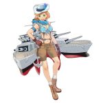  aircraft airplane anchor biplane blonde_hair blue_scarf boots breasts brown_shorts cannon cleavage cowboy_hat crop_top front-tie_top gloves green_eyes hand_on_hip hat looking_at_viewer machinery midriff navel official_art open_mouth salmon88 scarf short_hair shorts simple_background turret uss_houston(victory_belles) victory_belles white_background 