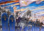  1girl armor blonde_hair blue_eyes clouds commentary_request fate/apocrypha fate_(series) flag headpiece helmet holding_flag horse jun_ling knight long_hair polearm purple_legwear ruler_(fate/apocrypha) shield sky solo_focus spear sunset sword thigh-highs weapon 