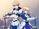  1boy 1girl ahoge armor armored_dress artoria_pendragon_(all) asaya_minoru blonde_hair blouse blue_eyes breastplate excalibur excalibur_(fate/prototype) fate/grand_order fate/prototype fate/stay_night fate_(series) gauntlets green_eyes pauldrons saber saber_(fate/prototype) sword weapon 