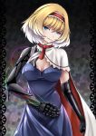  1girl alice_margatroid bangs blonde_hair blue_dress blue_eyes breasts cape capelet cleavage corruption cowboy_shot dark_persona dress gradient_hair hairband highres inyuppo looking_at_viewer medium_breasts multicolored_hair short_hair smile solo string touhou wet white_hair 