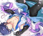  1boy alternate_costume black_gloves black_pants blue_eyes cherry_blossoms collarbone elbow_gloves gloves idolmaster idolmaster_side-m japanese_clothes looking_to_the_side lying male_focus on_back pants pectorals petals solo taiga_takeru upside-down 