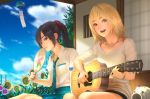  2girls allison_(summer_lesson) bangs black_hair blonde_hair blue_eyes blue_necktie blue_skirt blue_sky brown_eyes closed_mouth clouds cloudy_sky commentary fan flower guitar holding holding_fan holding_instrument house indoors instrument jewelry long_hair looking_at_viewer miyamoto_hikari multiple_girls music necklace necktie open_mouth paper_fan playing_instrument ponytail ribbed_sweater room rungsak_sontayanont scrunchie shirt short_shorts short_sleeves shorts sitting skirt sky smile summer_lesson sunflower sweater white_shirt 